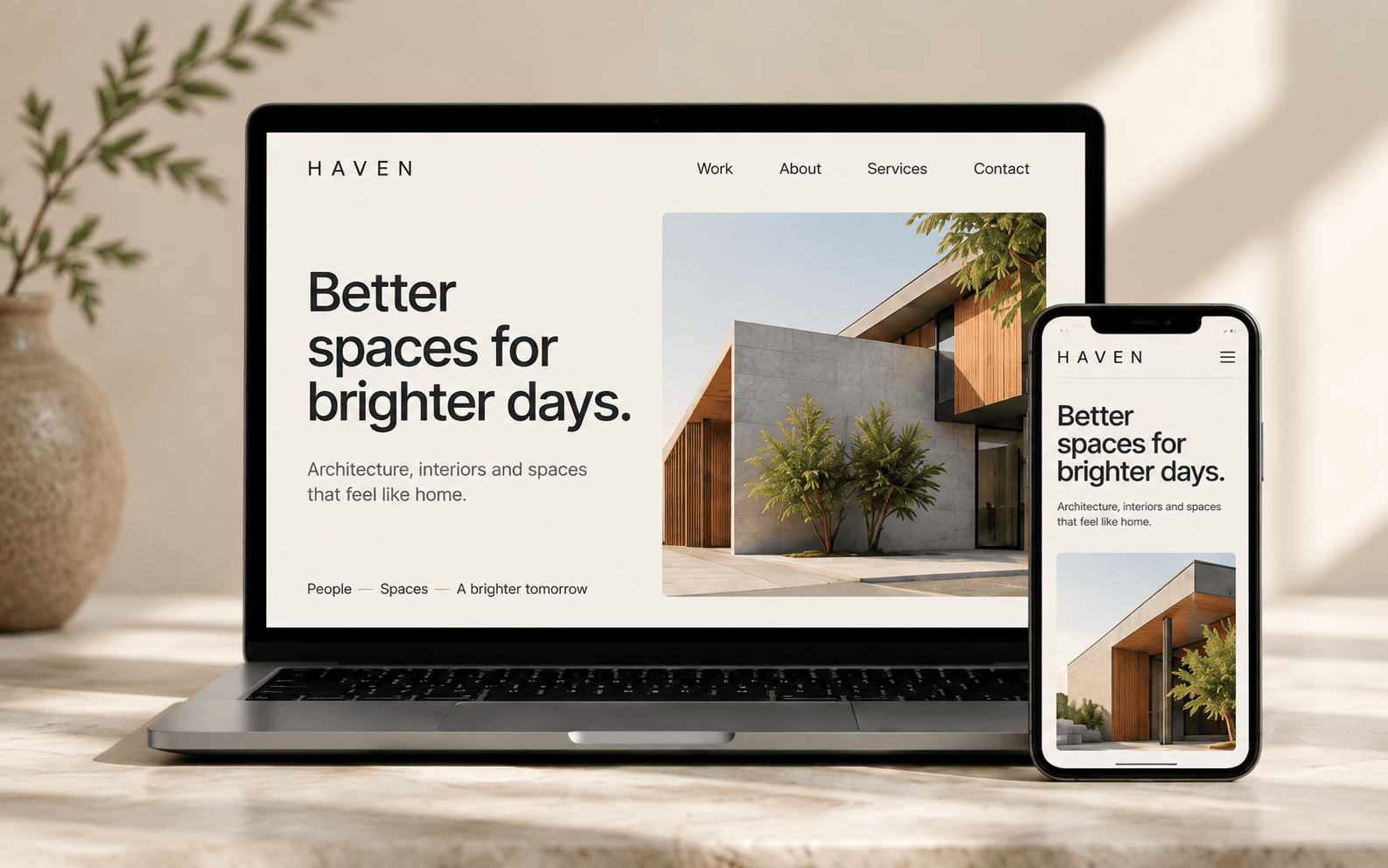 Fictional Haven architecture website shown on a laptop and mobile phone