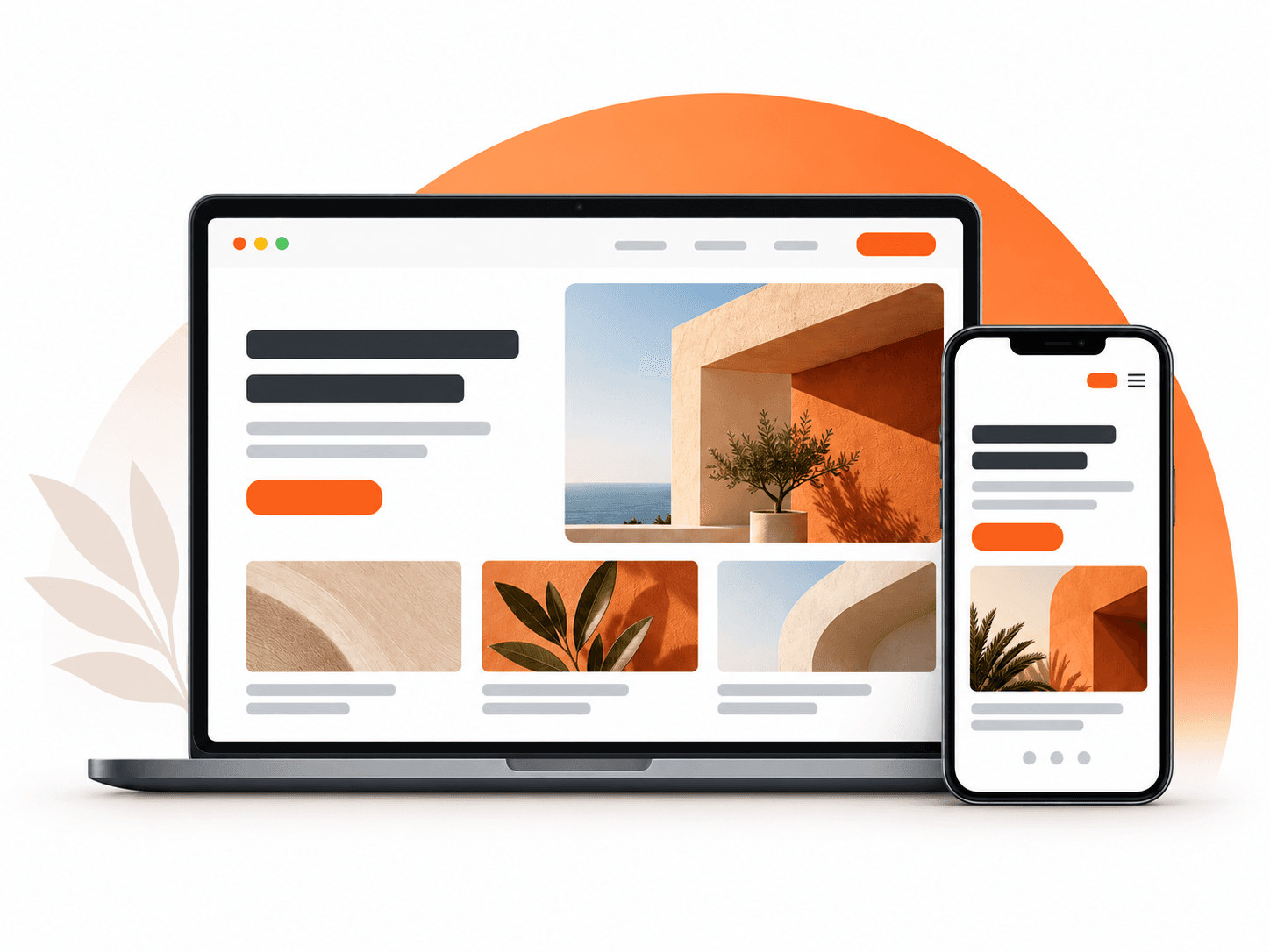 A concept business website on a laptop and phone, with warm architectural photography