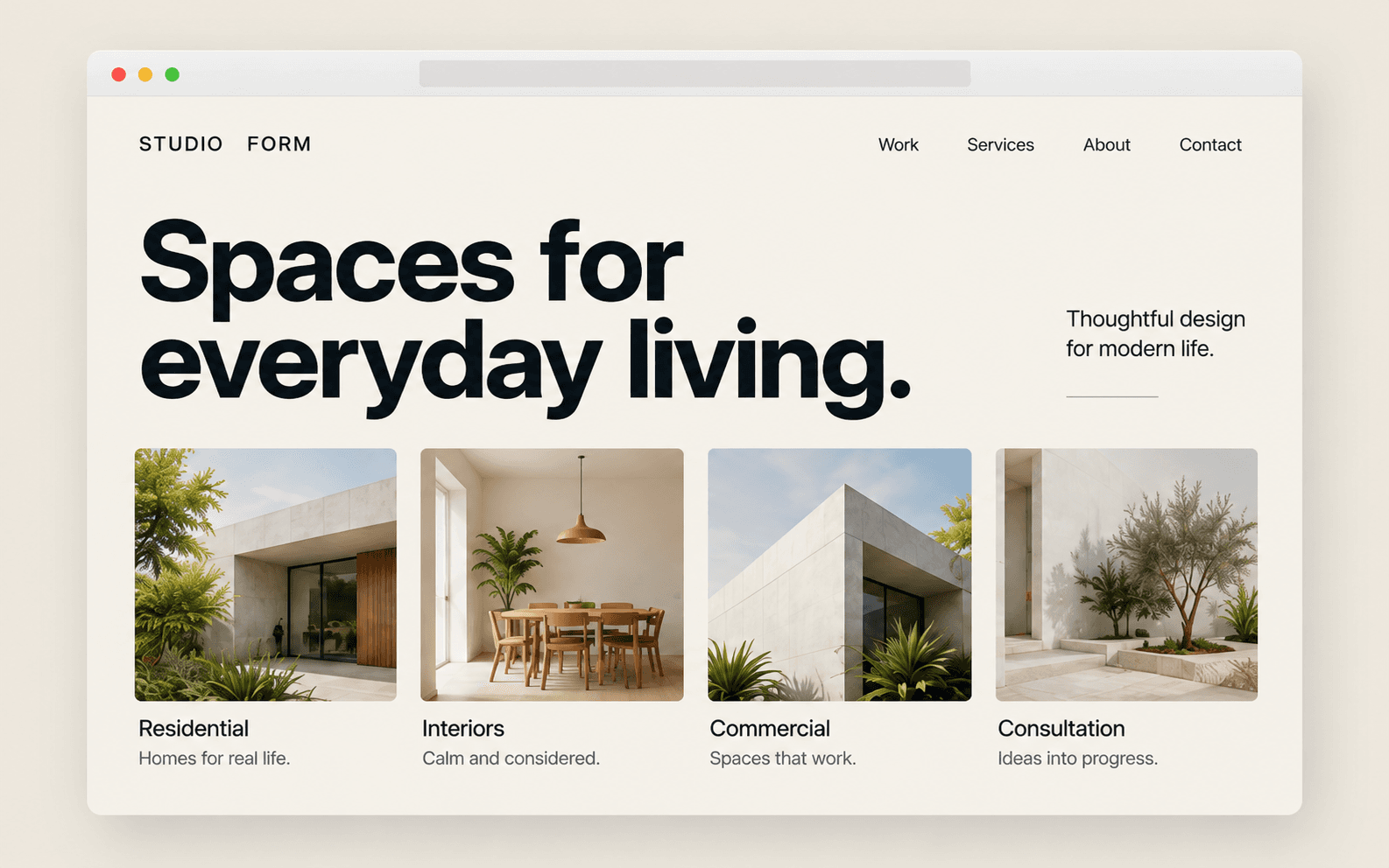 Fictional Studio Form website concept with a clear introduction and architectural service imagery